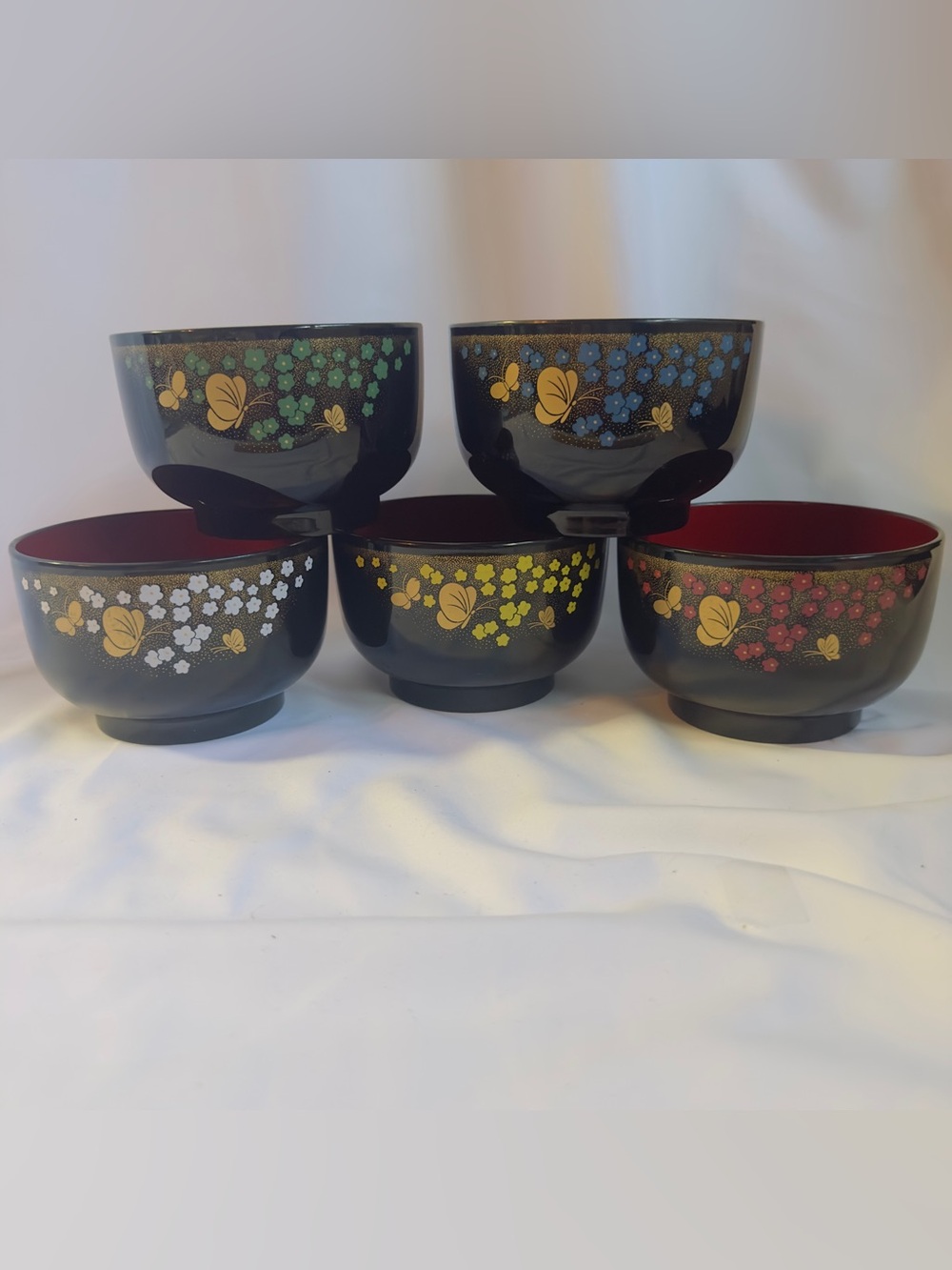 Vtg  Hanae Mori Chiki Chic Black Red Floral Lacquerware Bowls Set of 5, Gold